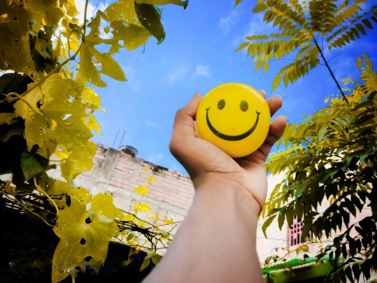 A hand holds a yellow smiley face against a blue sky and leafy background.