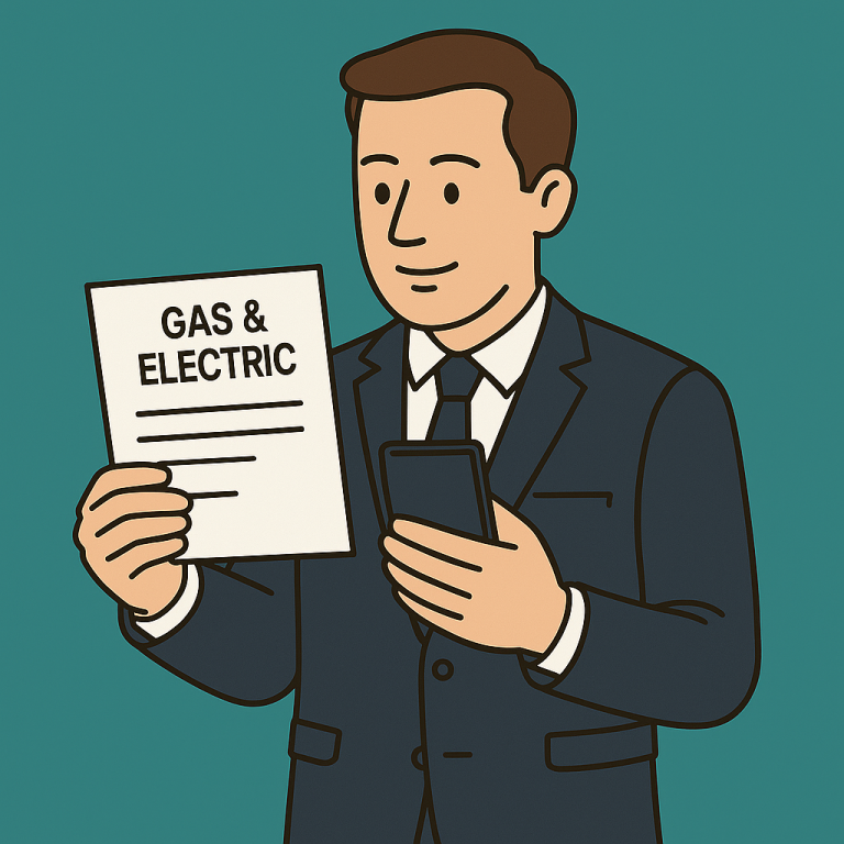 Man in a suit holding a energy bill for Gas & Electric" and a smartphone.